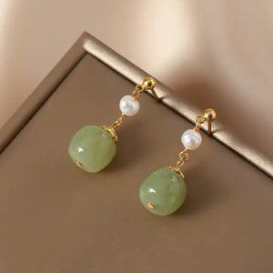 14K Gold Womens Round Green Jade & Pearl Hanging Drop Earrings Ladies Jewelry 14